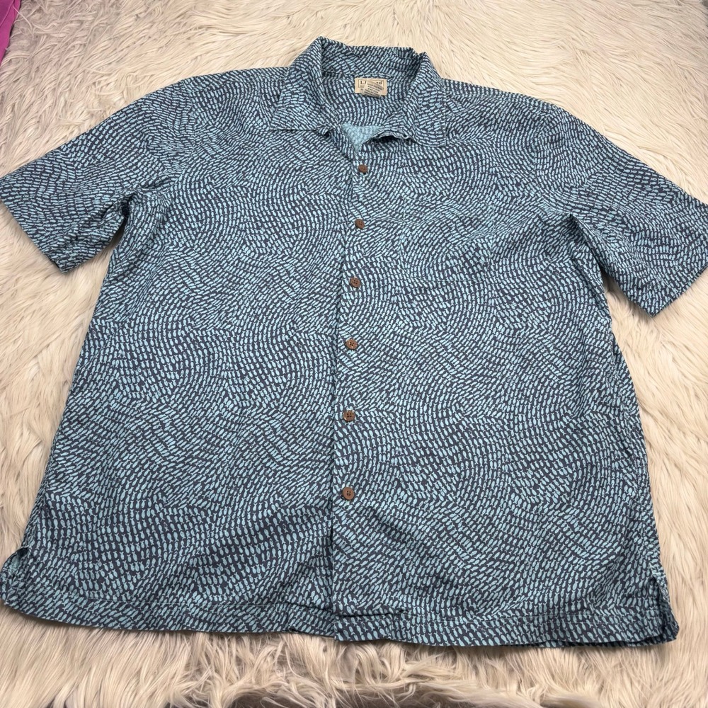 L.L. Bean Men's L Blue Fish Print Tropics Shirt Short-Sleeve 100% Cotton Travel